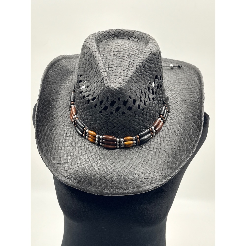 CSI Black Straw Cowboy Hat Snakeskin Print Brim Beaded Band Western Festival OS